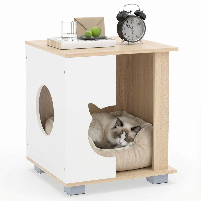 Natural Wooden Cat Condo with Semi-Enclosed Design, Kitty Head Entry, and Metal Legs image number 3