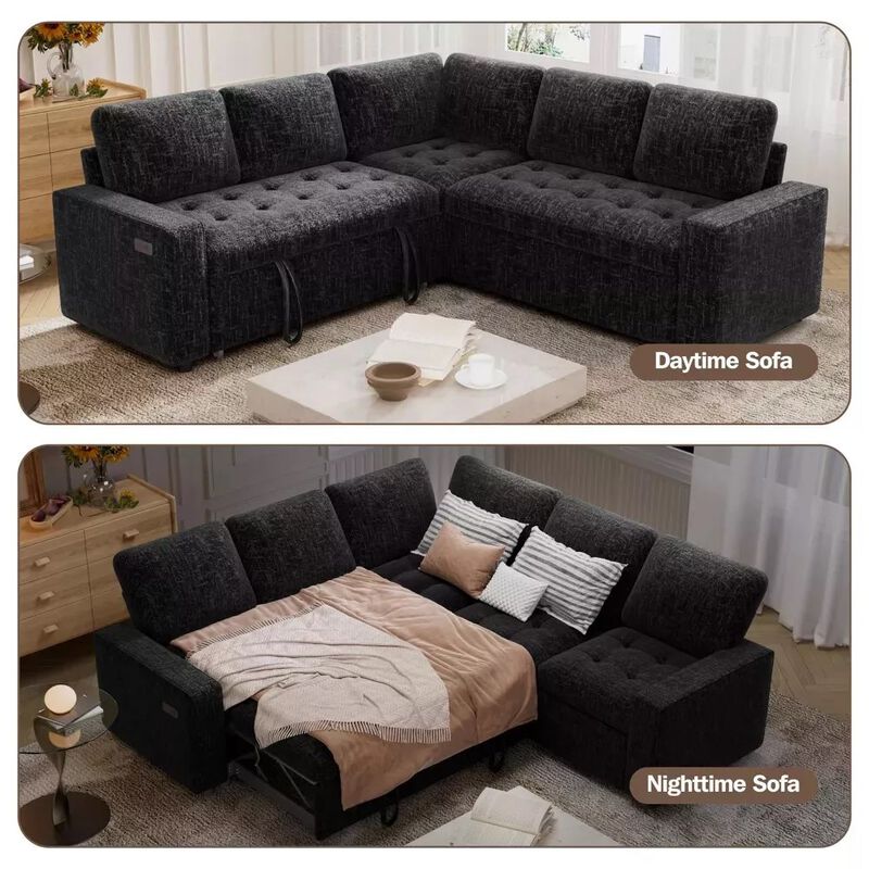 Vipbear 79" 5-Seat L-Shaped Sectional Sleeper Sofa Bed, Chenille Pull-Out Couch with Backrest image number 2