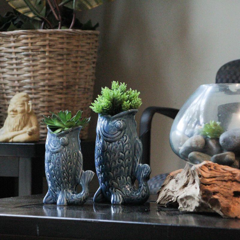 Blue Fish Decorative Vases Set Of 2 Glossy Ceramic Coastal Tabletop image number 6
