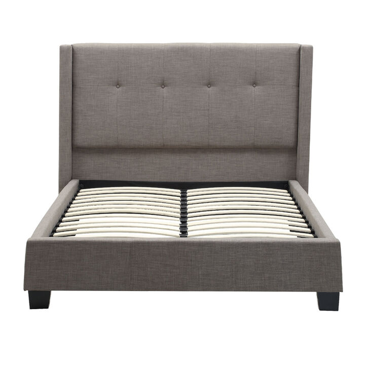 Adams Low Profile California King Bed, Piped Edges, Tufted Linen, Gray