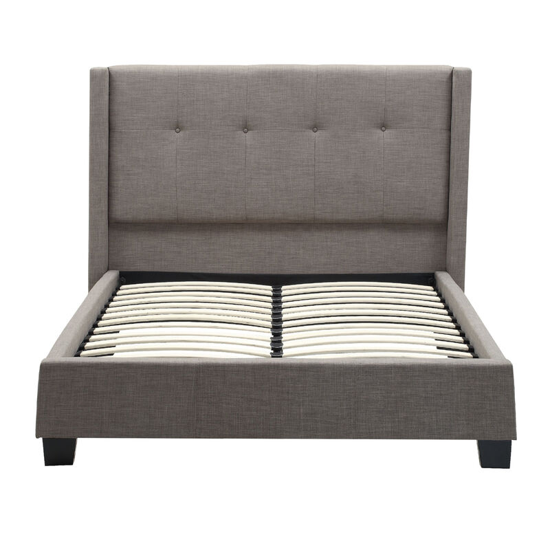 Adams Low Profile California King Bed, Piped Edges, Tufted Linen, Gray