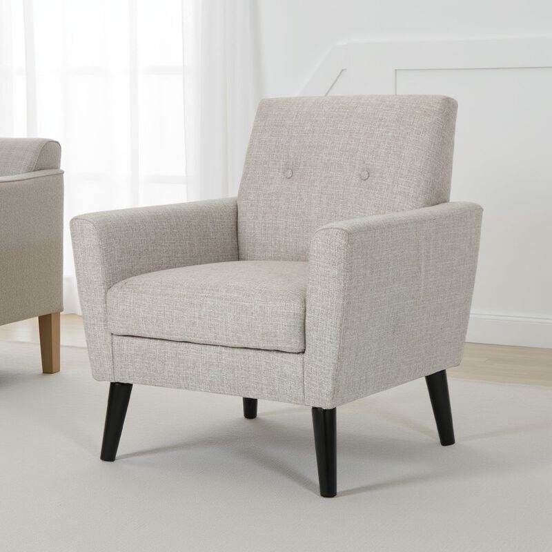 Accent Club Chair, Nailhead Trim Scrolled Arms, Birch Wood and Beige Fabric