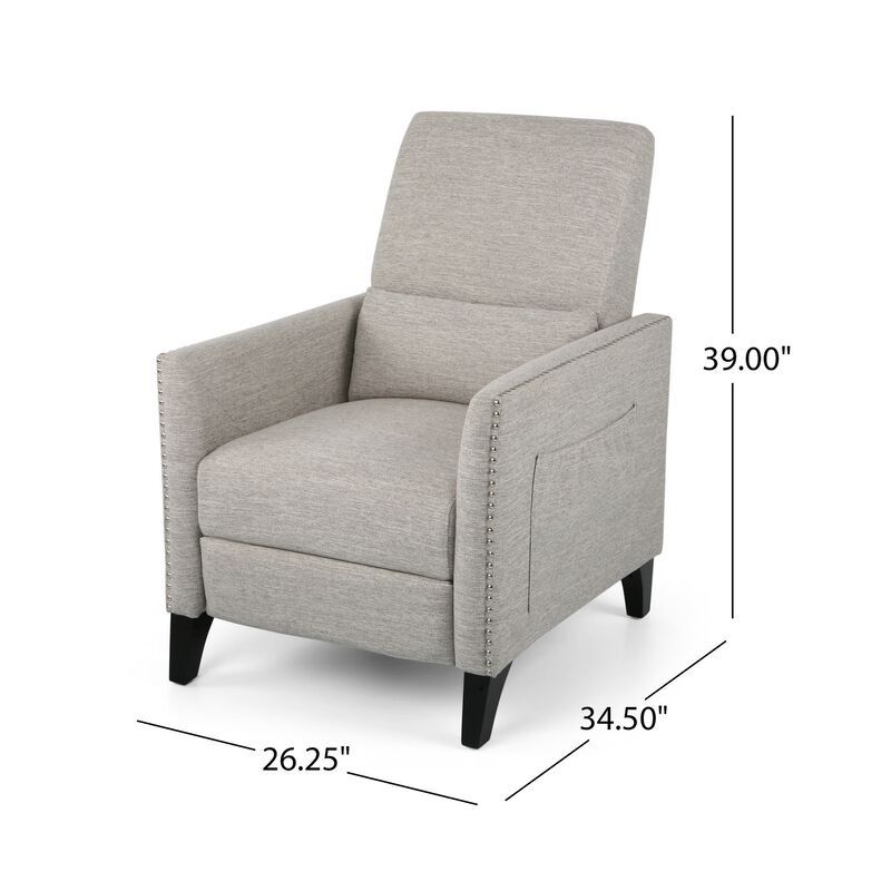 Davy Pushback Recliner Chair, Nailhead Trim, Birch Wood, Gray Fabric - Benzara
