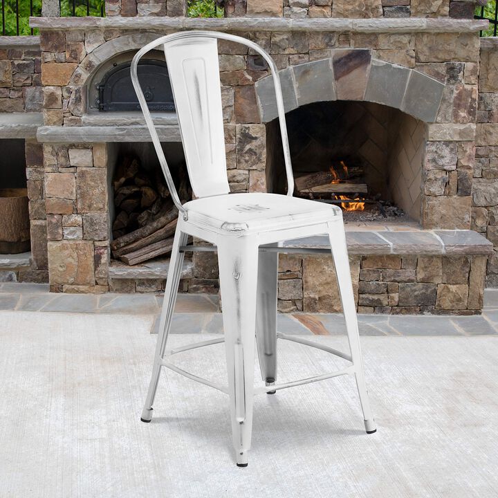 Flash Furniture Carly Commercial Grade 24" High Distressed White Metal Indoor-Outdoor Counter Height Stool with Back