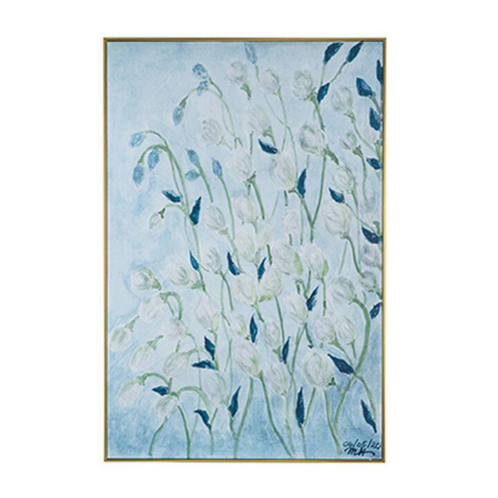 32 x 47 Inch Botanical Wall Art Decor, Blue White Floral Framed Canvas - Benzara