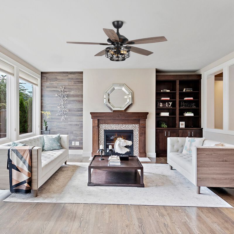 52" Industrial Wood 5-Blade 3-Light Metal Ceiling Fan with Remote