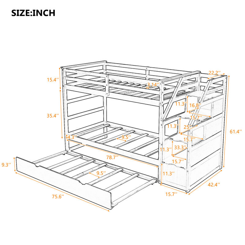 Merax Twin-Over-Twin Bunk Bed with Twin Size Trundle and 3 Storage Stairs