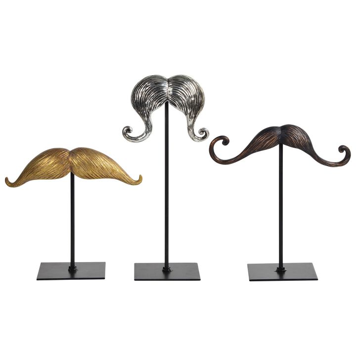Set of 3 Gold and Silver Eclectic Mustache Statues 12.25"
