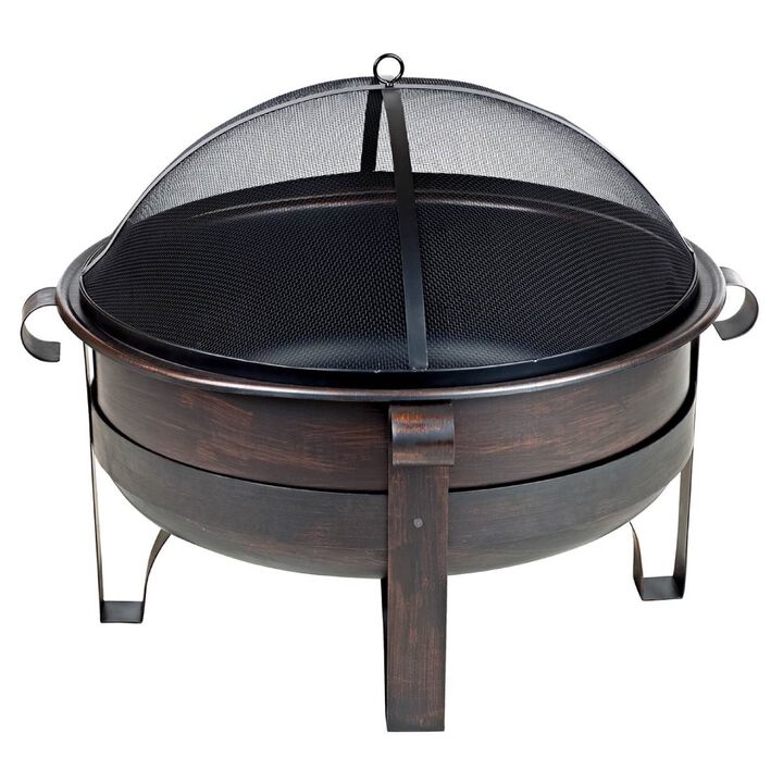 QuikFurn Heavy Duty 34-inch Fire Pit Deep Steel Cauldron with Screen and Stand