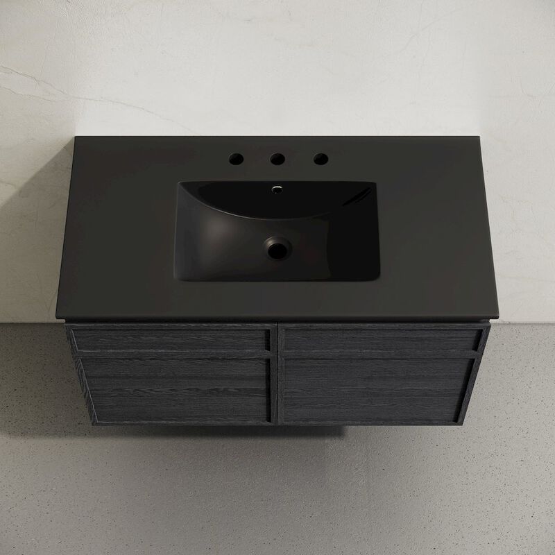 36" Wall-Mounted Bathroom Vanity in Black Oak, Black 3-Hole Widespread Sink Top image number 2