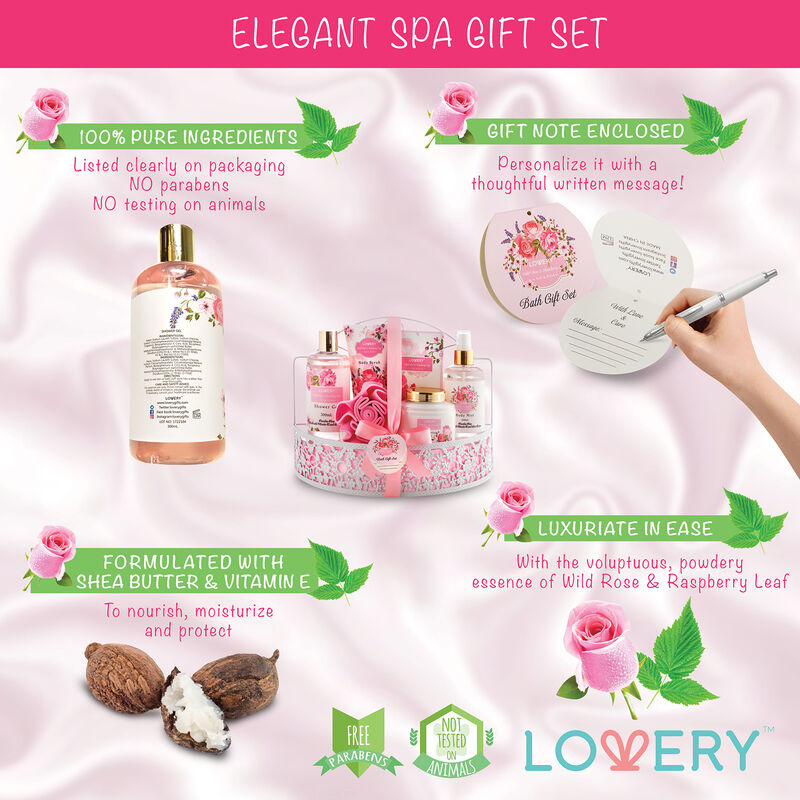 Lovery Home Spa Gift Basket - Wild Rose & Raspberry Leaf Scent - 7pc image number 3