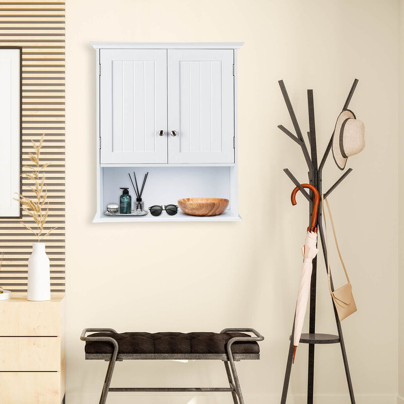 Wall Hanging Bathroom Cabinet with Enclosed Storage and Open Shelves