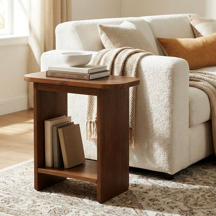 2-Tier H-Shaped Side Table, Solid Wood End Table with Storage Shelf