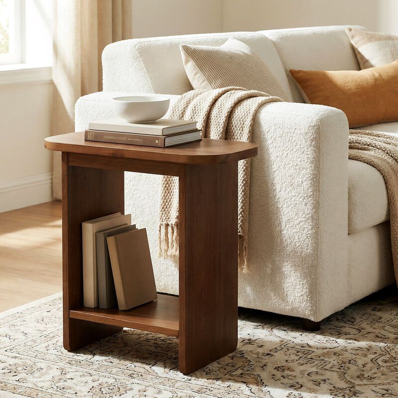 2-Tier H-Shaped Side Table, Solid Wood End Table with Storage Shelf image number 1