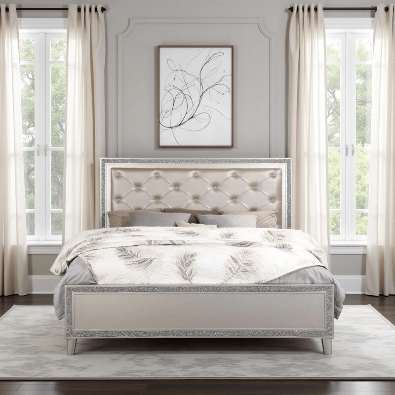 Lee 2 Drawer Faux Leather Tufted King Bed, Champagne