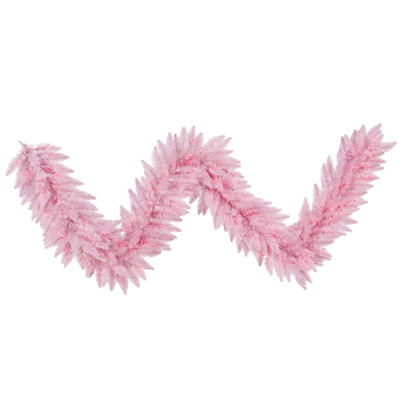 Vickerman 9' x 14" Light Pink Artificial Christmas Garland, 250 PVC Tips, 100 Pink LED Mini Lights, Prelit on Pink Wire, Flexible Wired Spine Customization, Ideal Christmas Tree or Mantle image number 0