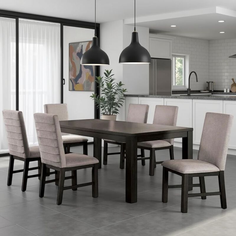 Renu 7pc Dining Table and Chair Set, 72 Inch Top, Gray Linen, Black - Benzara