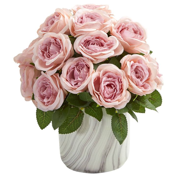 Nearly Natural 12-in Rose Artificial Arrangement in Marble Finish Vase
