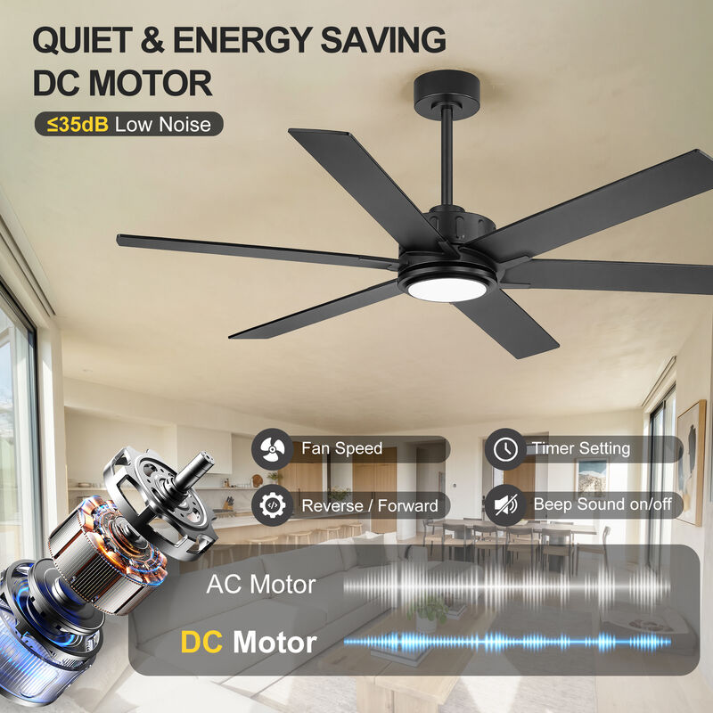 Breezary 60 in Ceiling Fan with Light, 6 Black Walnut Plywood Blades, Dimmable Acrylic Shade, Quiet DC Motor image number 4