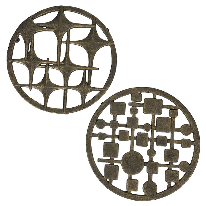 Set of 2 Cast Iron Trivets &ndash; Stars & Circles/Squares, Bronze, 8" MCM Style