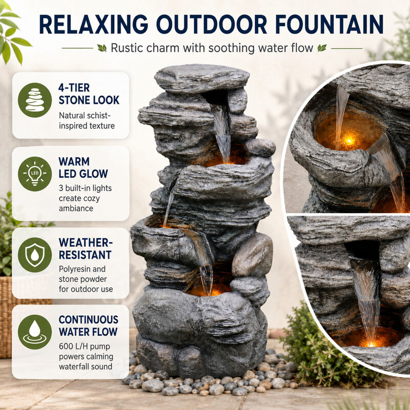 Outdoor Faux Stone 4-Tier Water Fountain with LED, Gray image number 2