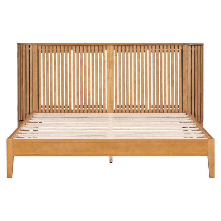 Christopher Knight Home Dyrik Mid-Century Modern Bed with Slatted Headboard and Built-in Side Storages
