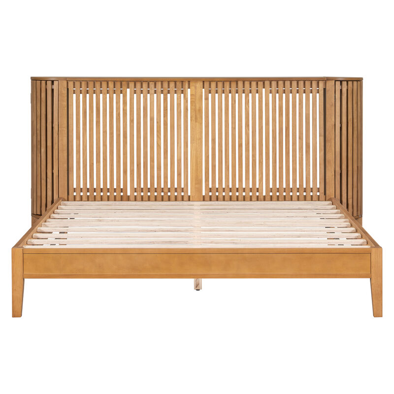 Christopher Knight Home Dyrik Mid-Century Modern Bed with Slatted Headboard and Built-in Side Storages