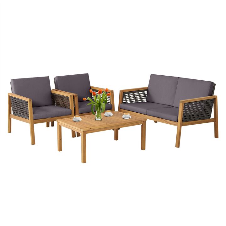 4 Pieces Patio Rattan Furniture Set with Removable Cushions