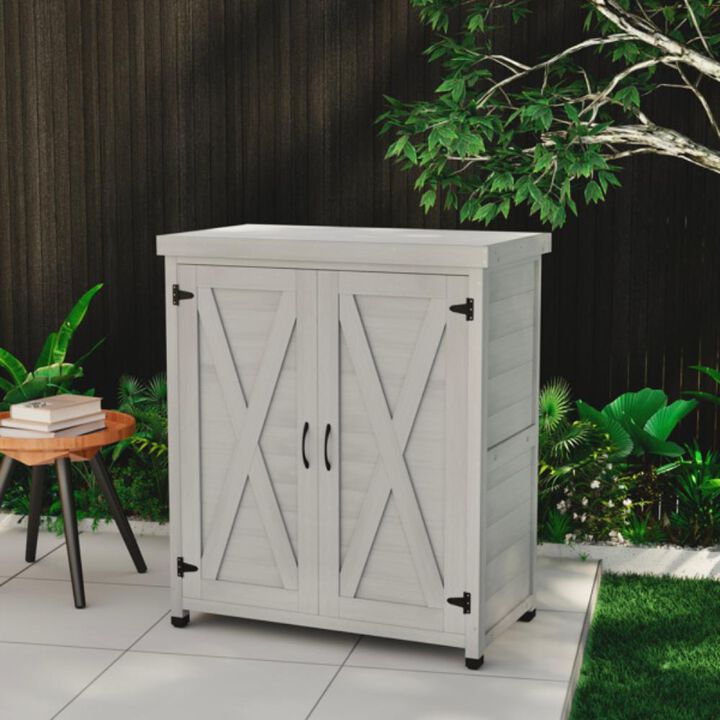 Potting Table with Storage Cabinet and Metal Table Top for Outdoor Gardening