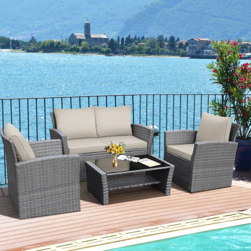Hivvago 4 Pieces Patio Rattan Furniture Set Sofa Table with Storage Shelf Cushion