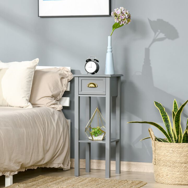 2-Tier Night Stand with Drawer, Narrow End Table with Bottom Shelf for Space Saving, for Living Room or Bedroom, Grey