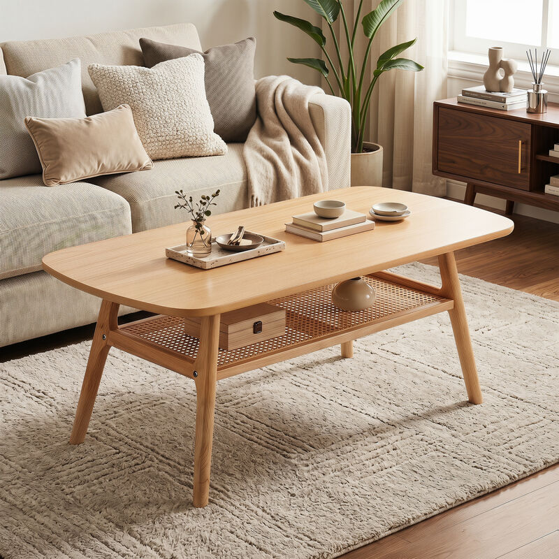 2-Tier Coffee Table with Rattan Shelf and Rounded Edge Design image number 4