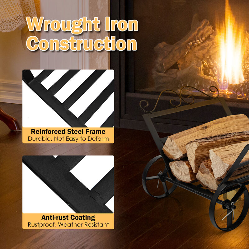Firewood Rack Decorative Rustproof Steel Fireplace Log Holder with Wheels
