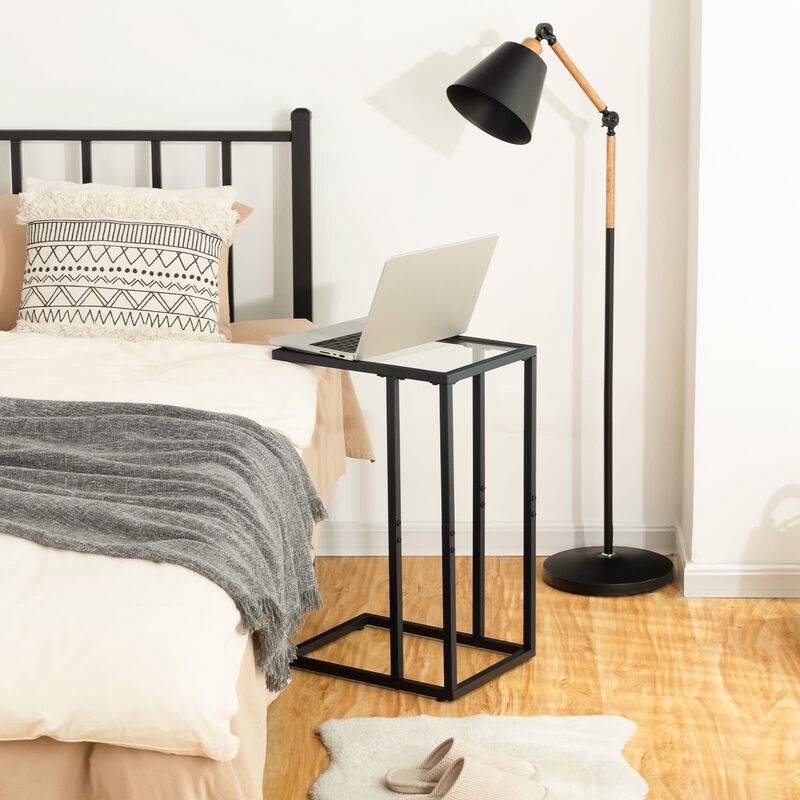HOOBRO C Shaped End Table Set of 2, Tempered Glass Snack Side Table with Metal Frame, TV Tray Table for Small Space, Sofa Couch