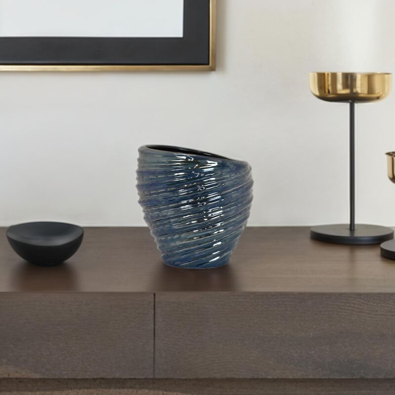Avery Round Modern Vase, Spiral Turned Design, Blue Ceramic 17 Inch - Benzara