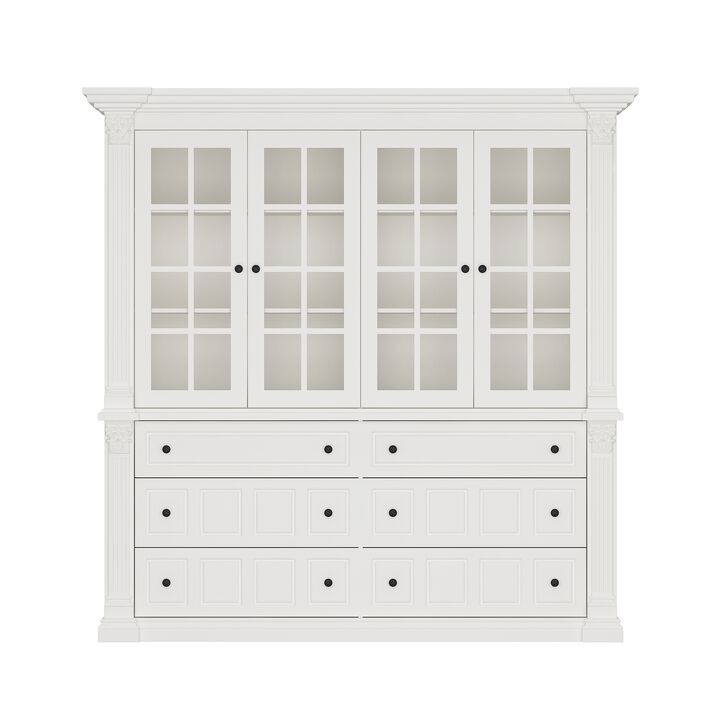 FUFU&GAGA Modern Kitchen Cabinet with 4 Glass Doors & 6 Drawers, Painted Finish, Black Handles, (74.8 in. W x 17.7 in. D x 74.8 in. H), White