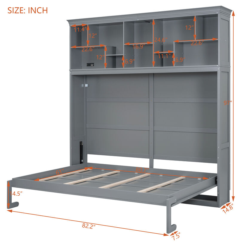 Whisen Modern Design Queen Size Murphy Bed Wall Bed, Folded into a Cabinet with Top Shelves and USB Ports
