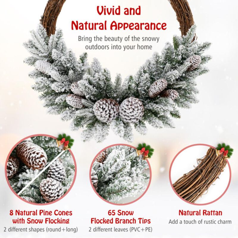 Hivvago Pre-lit Snow Flocked Artificial Christmas Wreath with 8 Pine Cones and 35 LED Lights