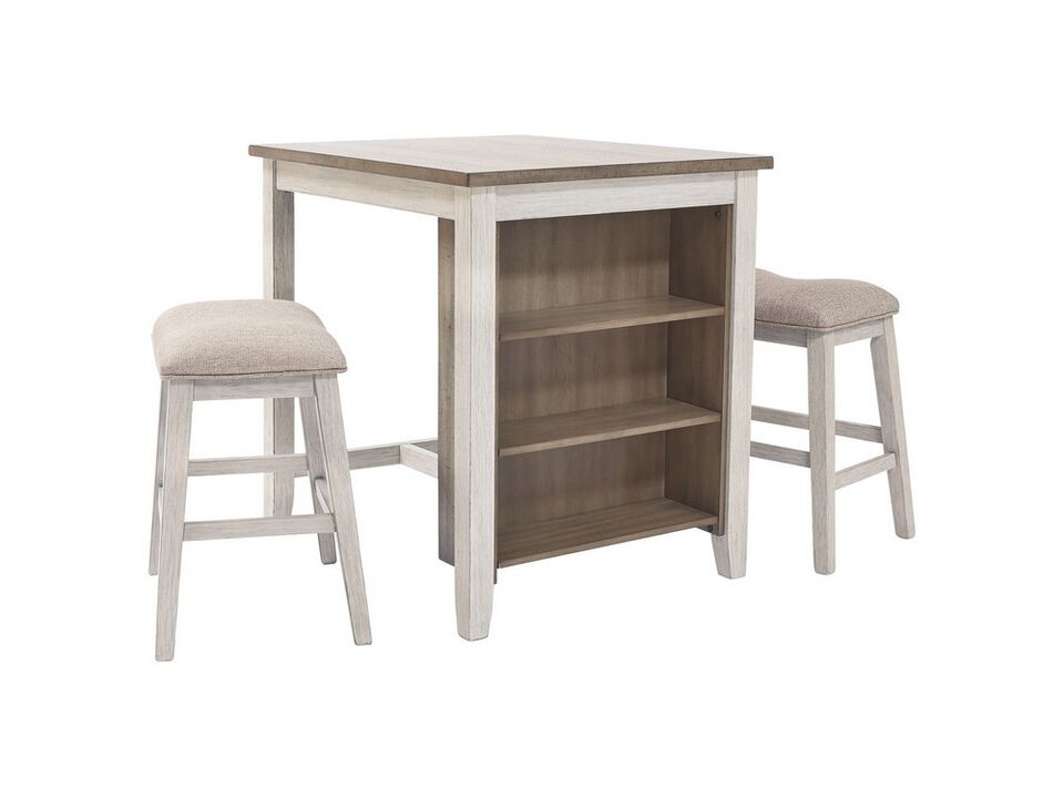 3 Piece Counter Height Table and Barstool Set, Antique White and Brown-Benzara