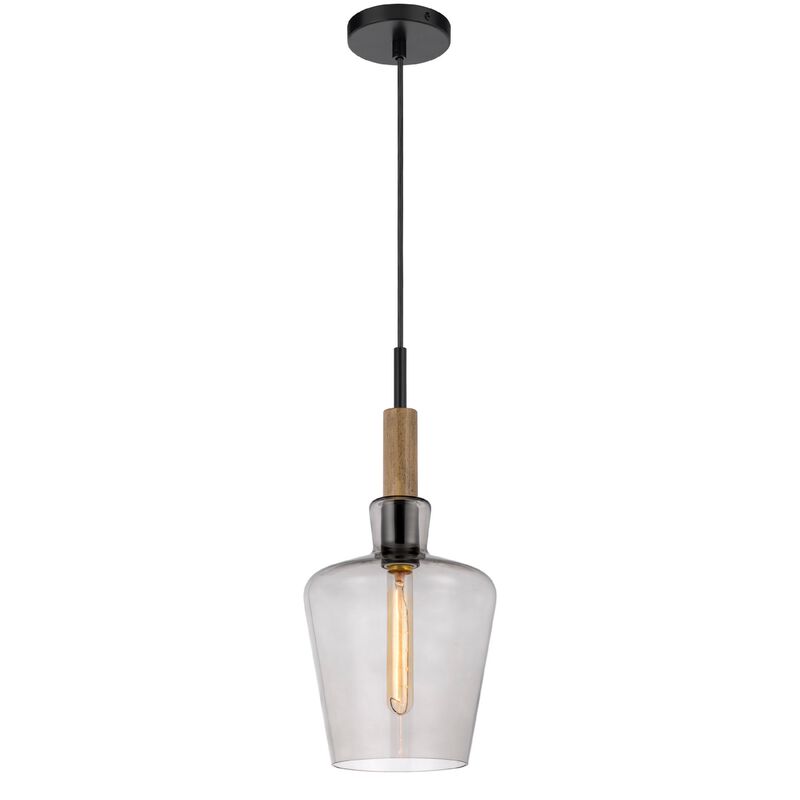 Pendant Light, Round Smoked Glass Shade, Brown Wood Accent, Black Metal image number 2