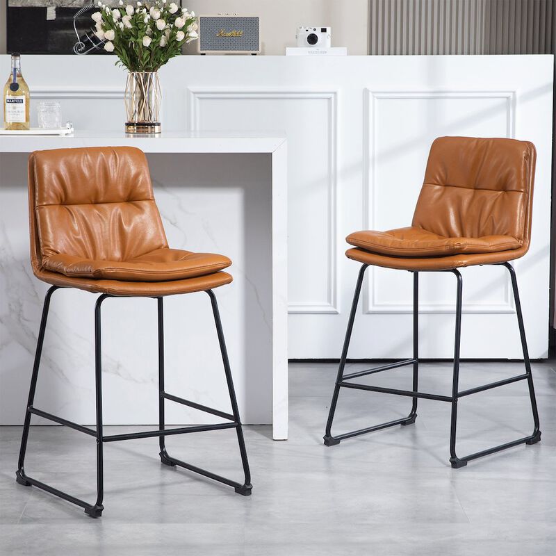 Glamour Home Set of 2 Bauer Brown Faux Leather Counter Stool with Black Iron Legs