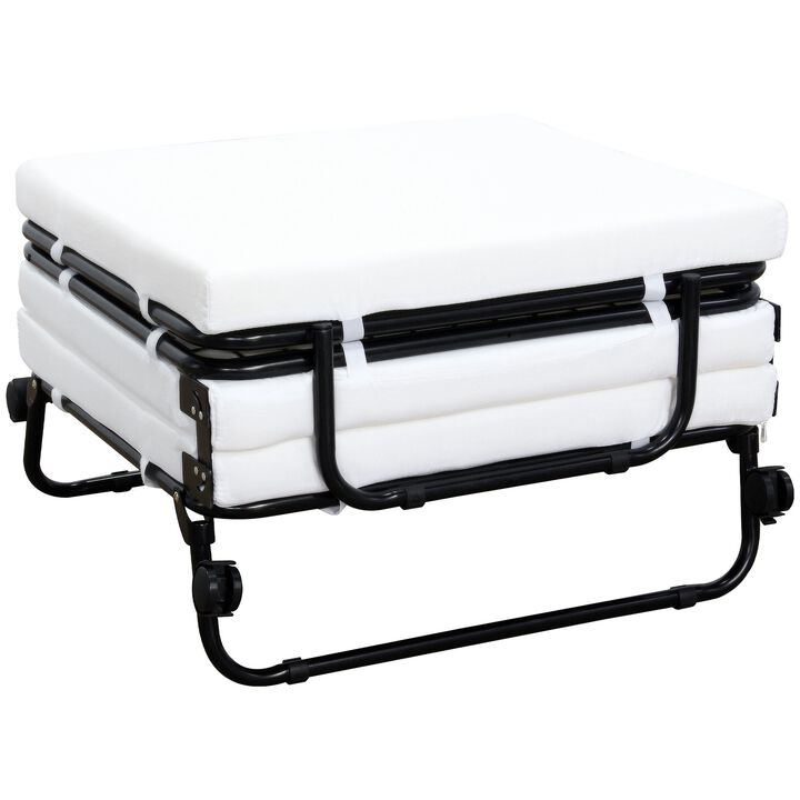 Versatile Guest Solution: White Folding Ottoman Sleeper Bed on Wheels