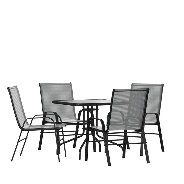 Flash Furniture Brazos 5 Piece Outdoor Patio Dining Set - 4 Brown Flex Comfort Stack Chairs - 31.5" Square Tempered Glass Patio Table