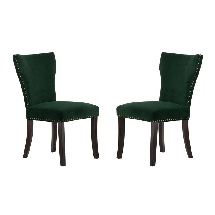 Devi 25 Inch Curved Dining Chair, Green Velvet Upholstery, Nailhead Trim - Benzara