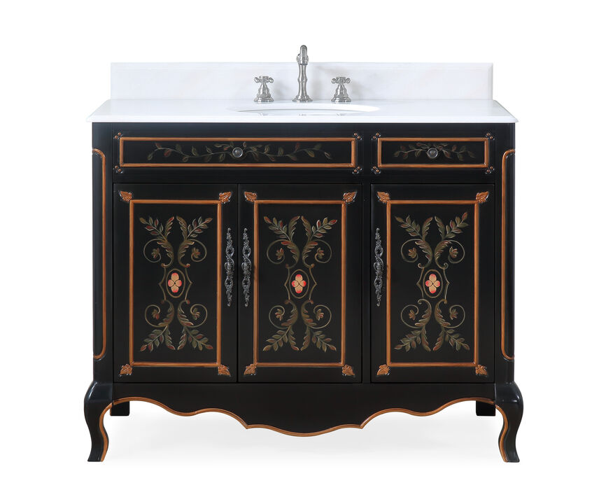 42 inch Black Hand-Painted Floral Decoroso Side Cabinet Bathroom Vanity