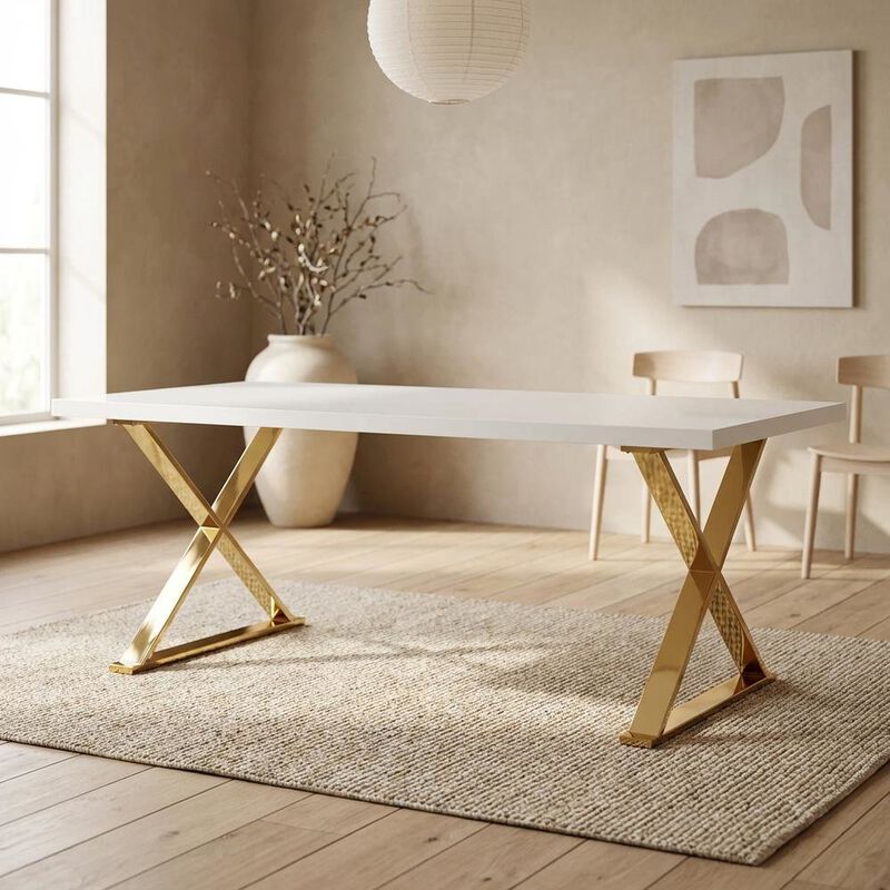 White Rectangular Dining Table, Modern X-Base, Seats 6 image number 4