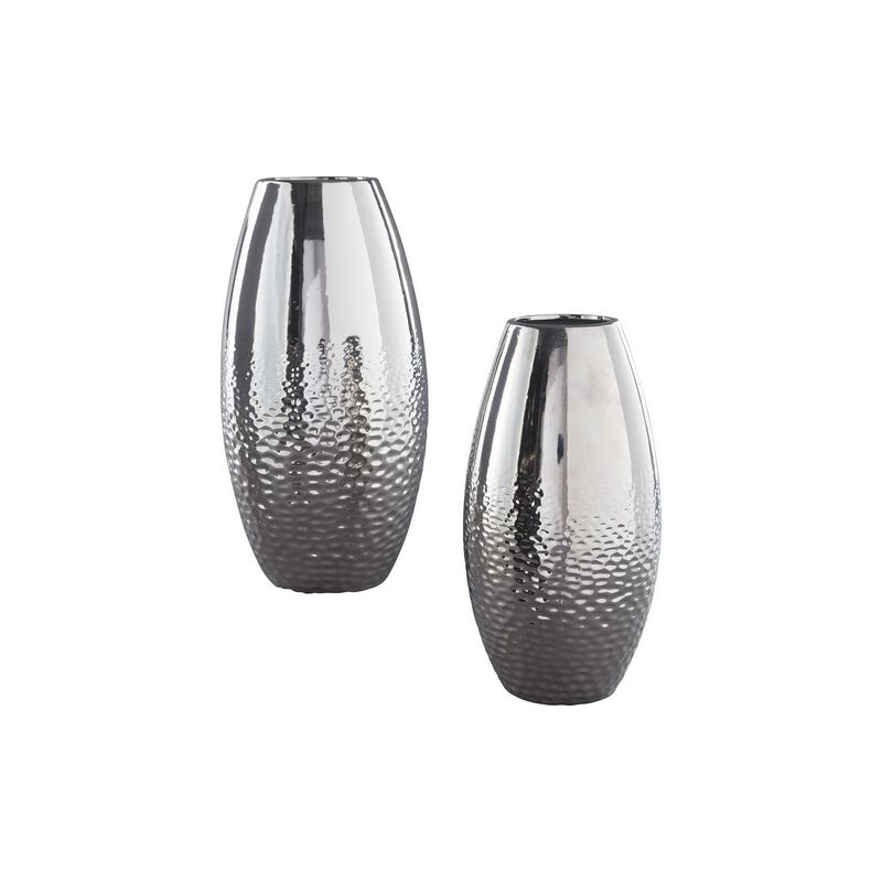 Ceramic Vase with Textured Ripple Design, Set of 2, Silver-Benzara image number 1
