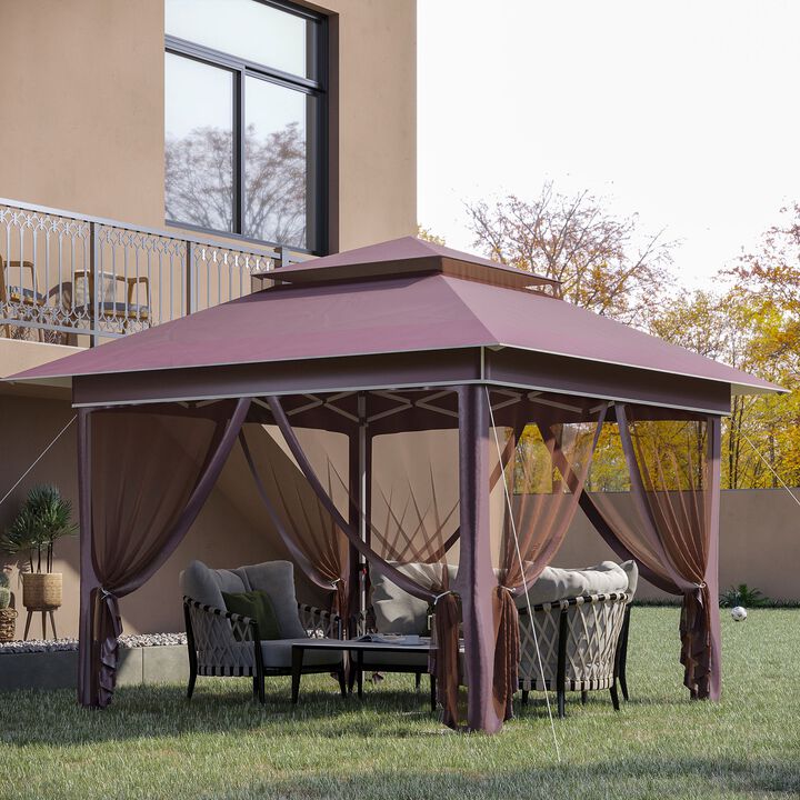 12' x 12' Pop Up Canopy Sun Shade Instant Tent Folding with Mesh Sidewall Netting, 3-Level Adjustable Height and Storage Bag, Brown