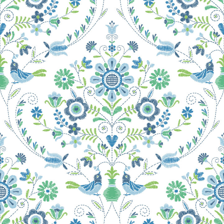 Britt Sapphire Embroidered Damask Wallpaper