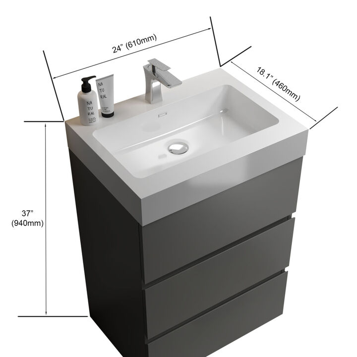 Alice 24" Gray Bathroom Vanity with Sink, Large Storage Freestanding Bathroom Vanity for Modern Bathroom, One-Piece White Sink Basin without Drain and Faucet